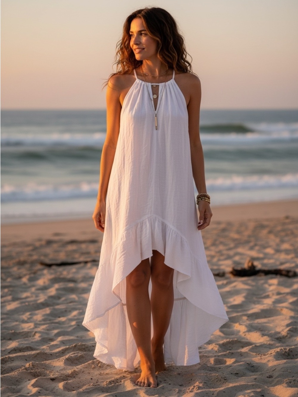 Mlle Gabrielle White Boho Layered Maxi Dress Flowy Beach Resort High-Low Hem 2X